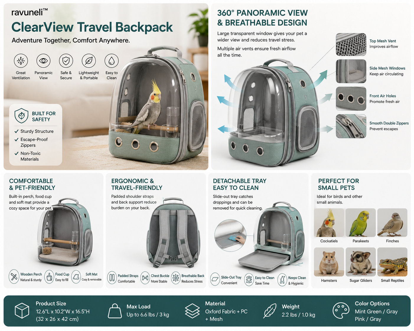 Ravuneli™ ClearView Small Pet Travel Backpack – Ventilated Panoramic Carrier with Perch and Slide-Out Cleaning Tray