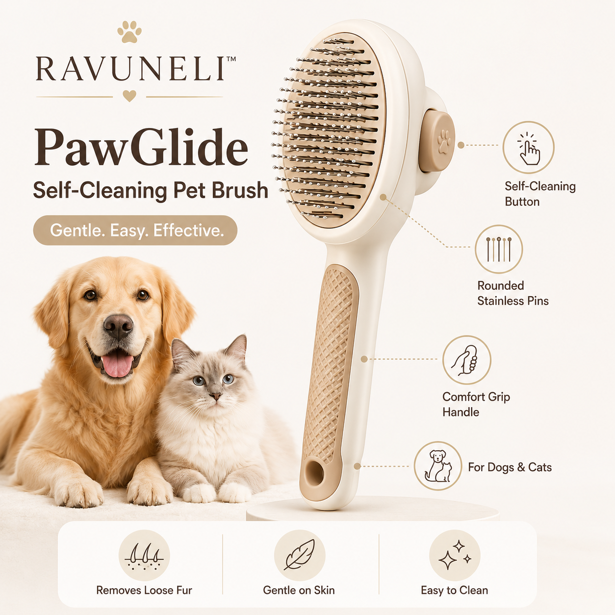 RAVUNELI™ PawGlide Self-Cleaning Pet Brush – Gentle Grooming & Deshedding Brush for Dogs and Cats