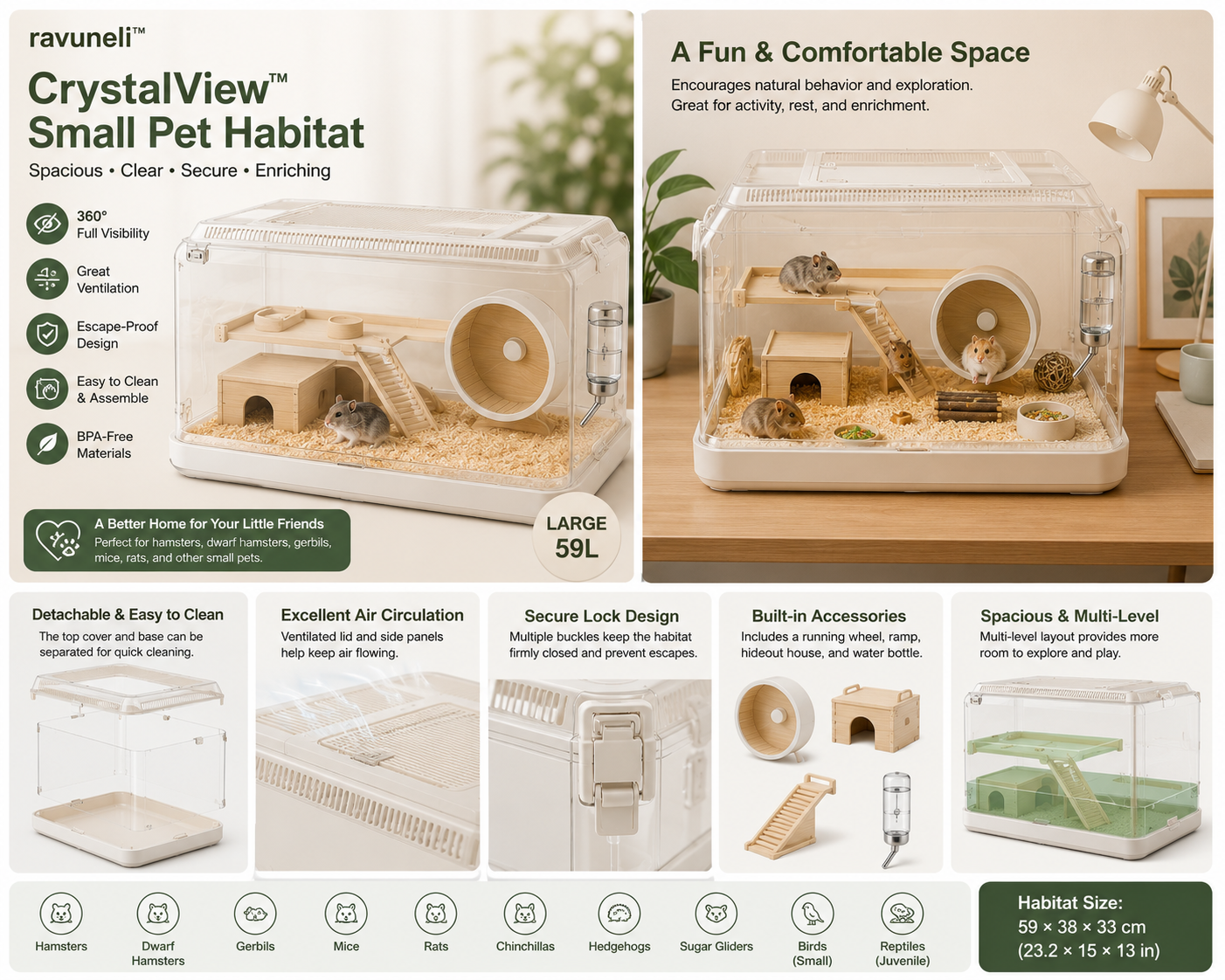 Ravuneli™ CrystalView 59L Small Pet Habitat – Clear Multi-Level Enclosure with Running Wheel, Hideout, Ramp & Water Bottle