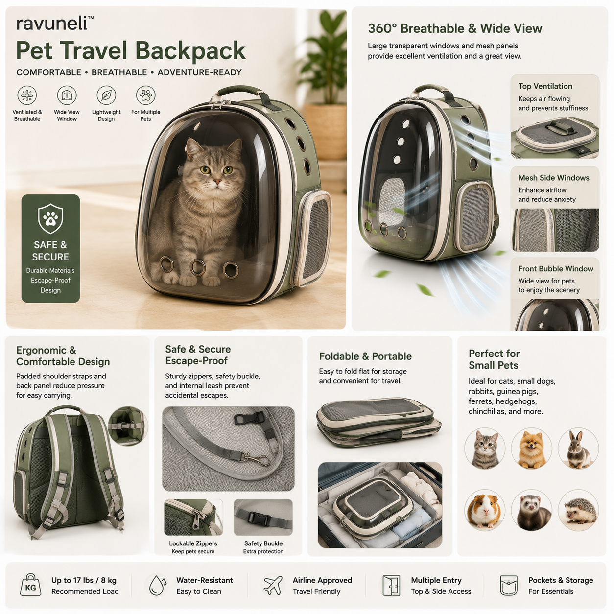 Ravuneli™ VistaCarry Panoramic Pet Travel Backpack – Foldable Ventilated Carrier for Cats, Small Dogs & Small Pets