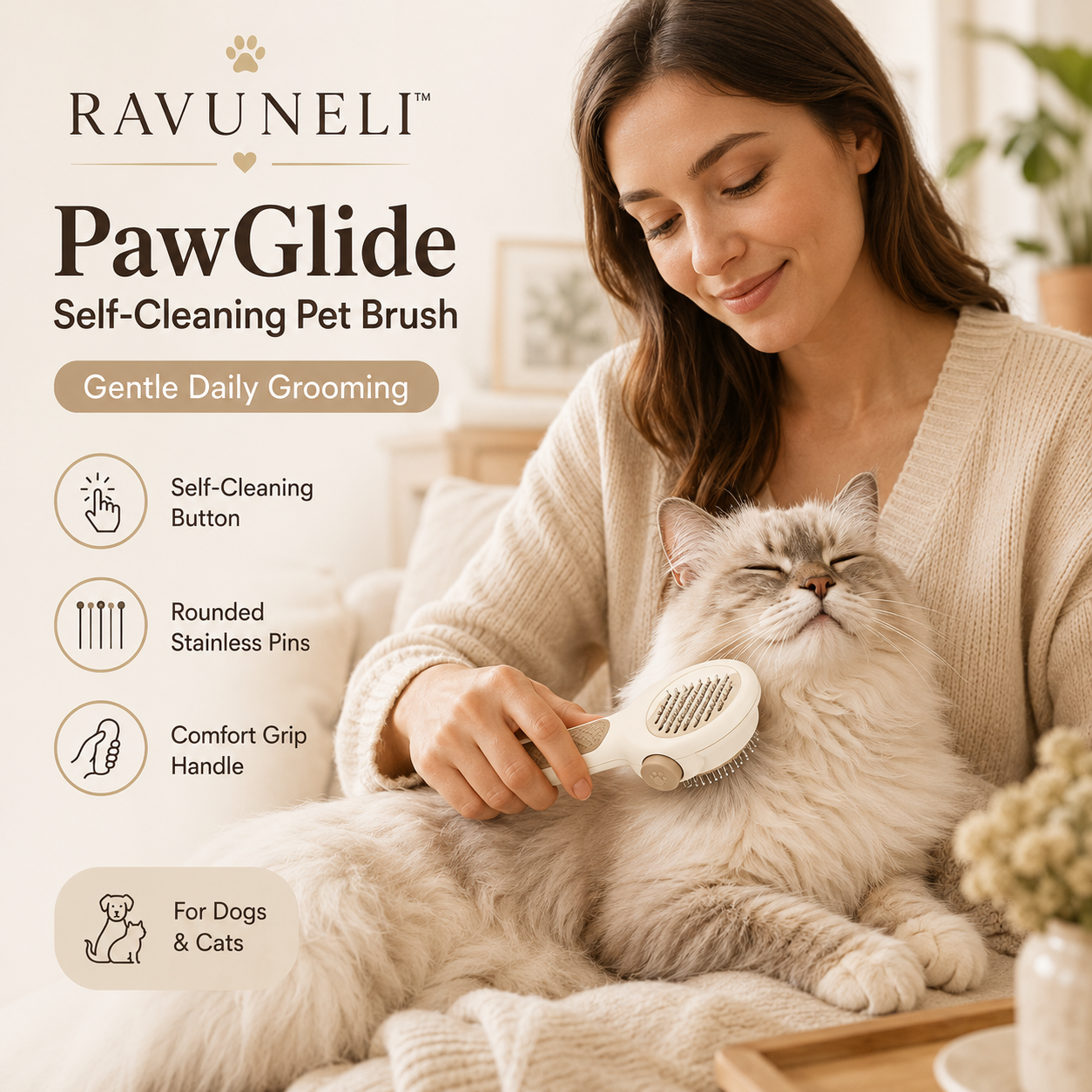 RAVUNELI™ PawGlide Self-Cleaning Pet Brush – Gentle Grooming & Deshedding Brush for Dogs and Cats