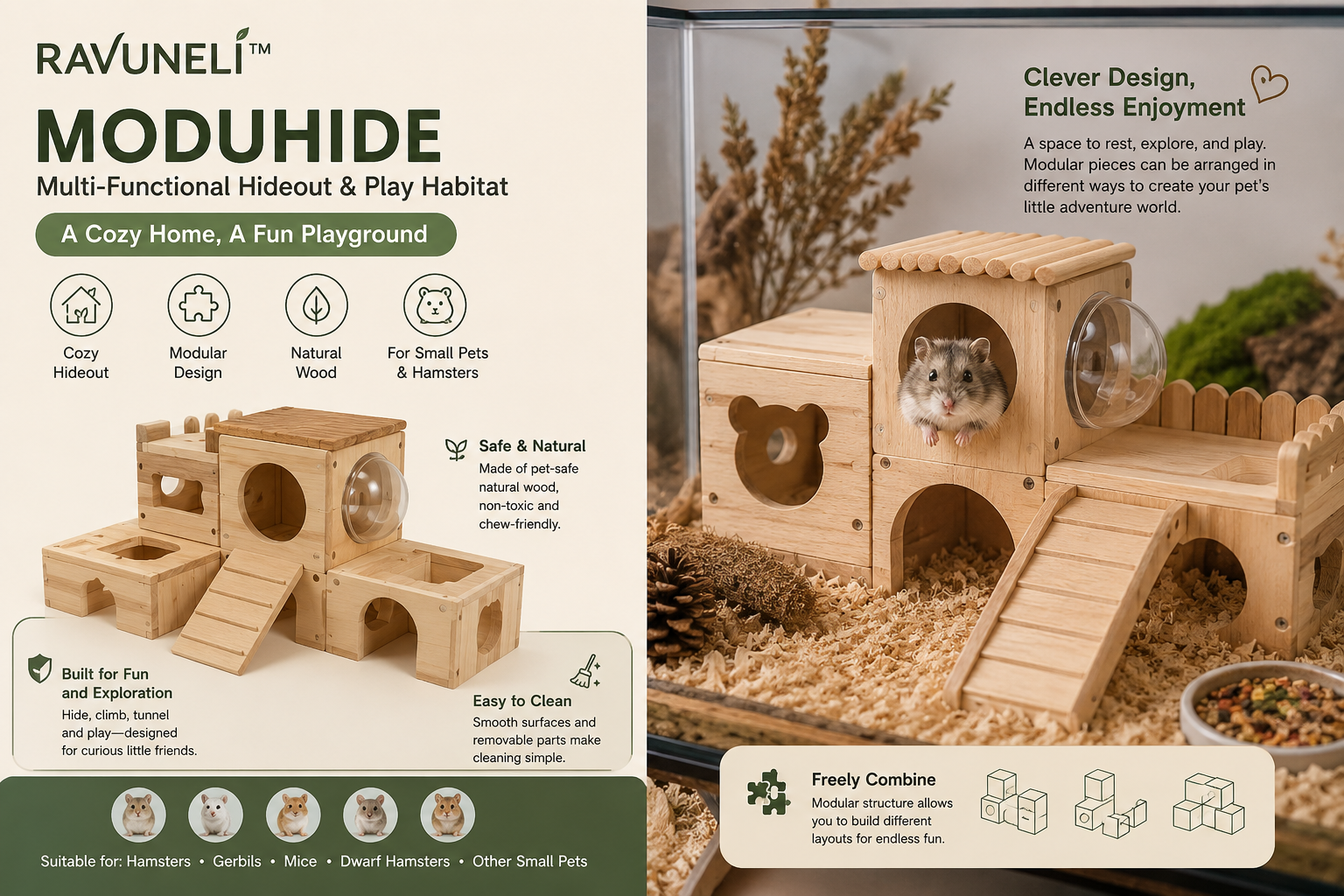 RAVUNELI™ ModuNest Modular Small Pet Hideout & Playground – Natural Wooden Climbing Habitat for Hamsters, Gerbils, Mice and Rats