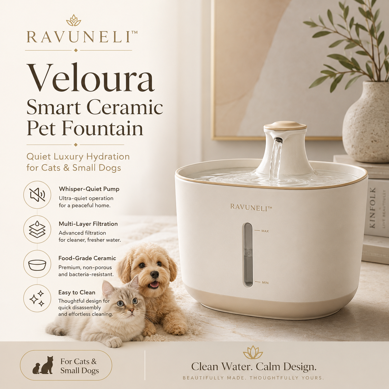 RAVUNELI™ Veloura Ceramic Pet Water Fountain – Whisper-Quiet Filtered Drinking Fountain for Cats and Small Dogs