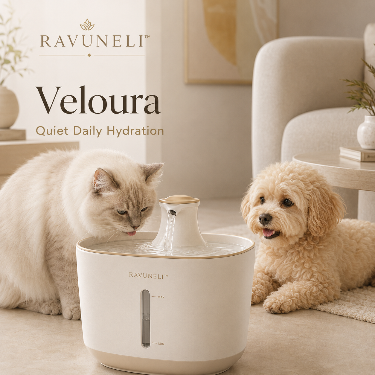 RAVUNELI™ Veloura Ceramic Pet Water Fountain – Whisper-Quiet Filtered Drinking Fountain for Cats and Small Dogs