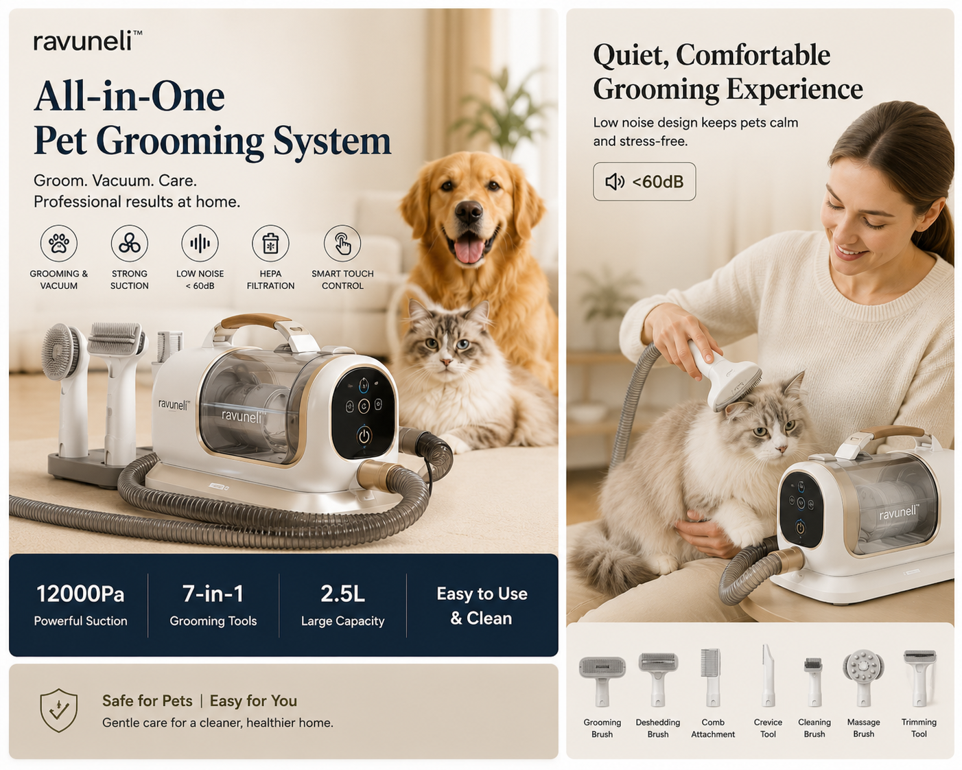 Ravuneli™ FurLuxe Pro 7-in-1 Pet Grooming Vacuum System – 12000Pa Low-Noise Grooming Kit with 2.5L Dust Cup &amp; HEPA Filtration