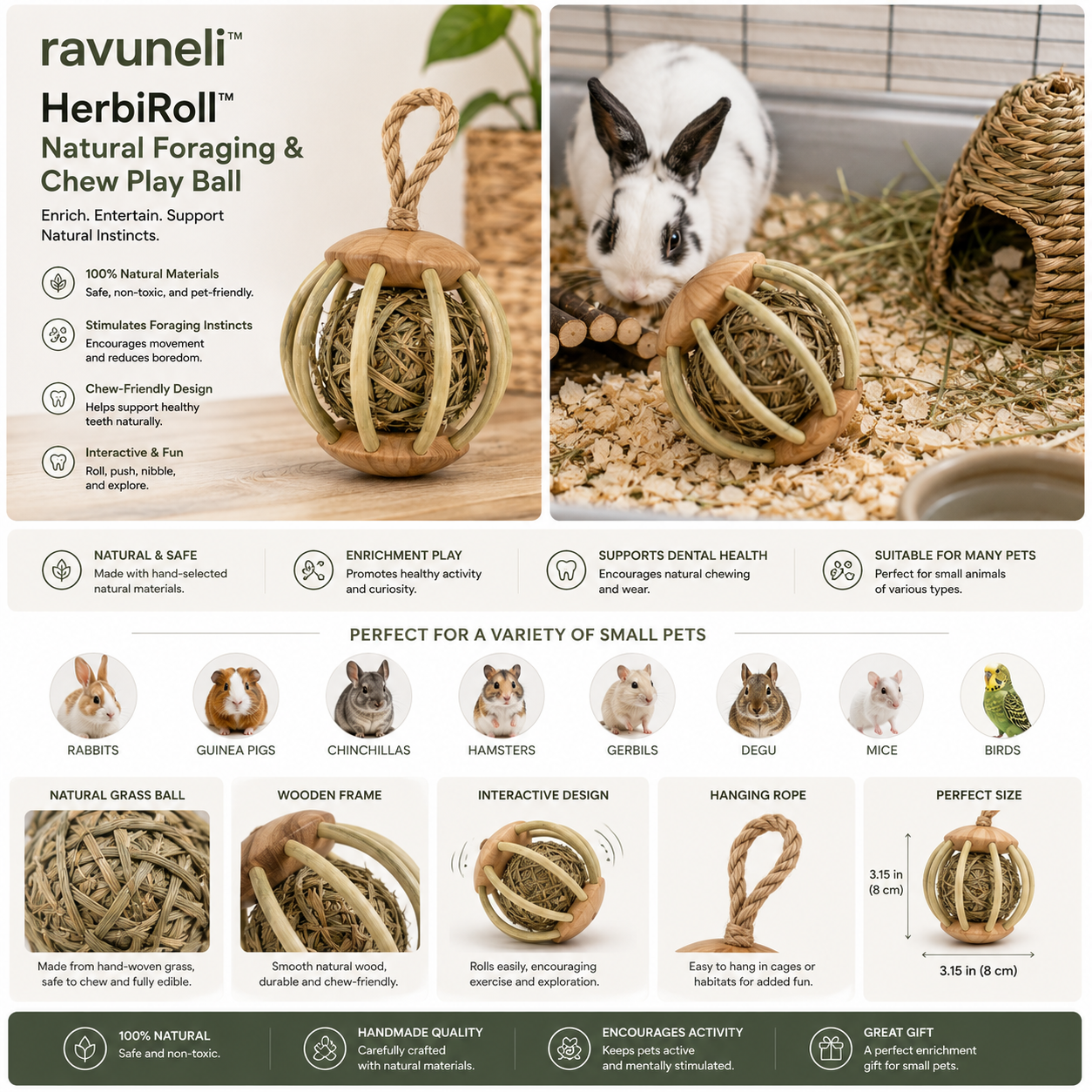 Ravuneli™ HerbiRoll Natural Foraging & Chew Play Ball – Grass and Wood Enrichment Toy for Rabbits & Small Pets