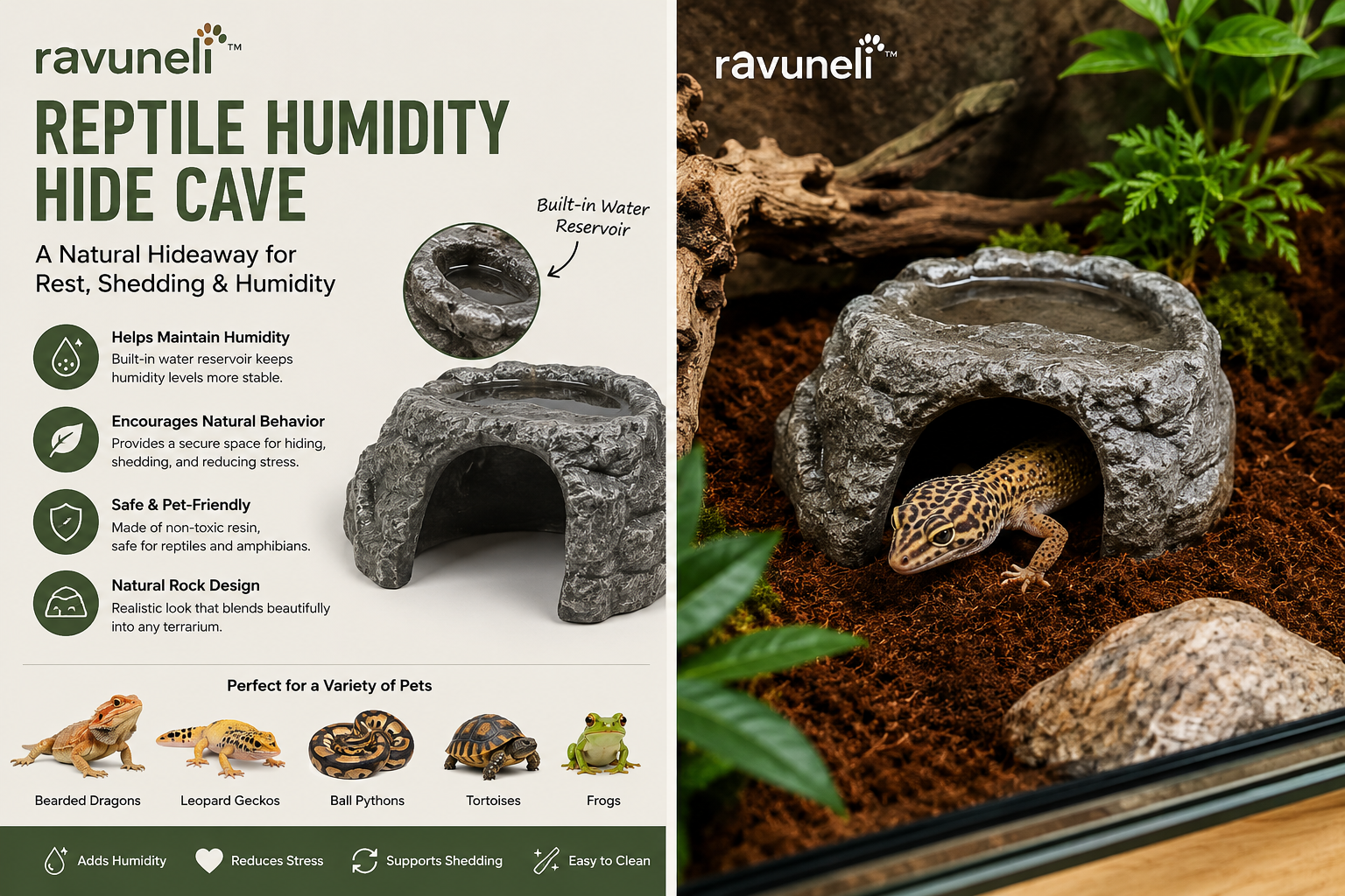 RAVUNELI™ Reptile Humidity Hide Cave – Natural Rock-Style Moist Retreat for Geckos, Small Snakes, Skinks and Amphibians